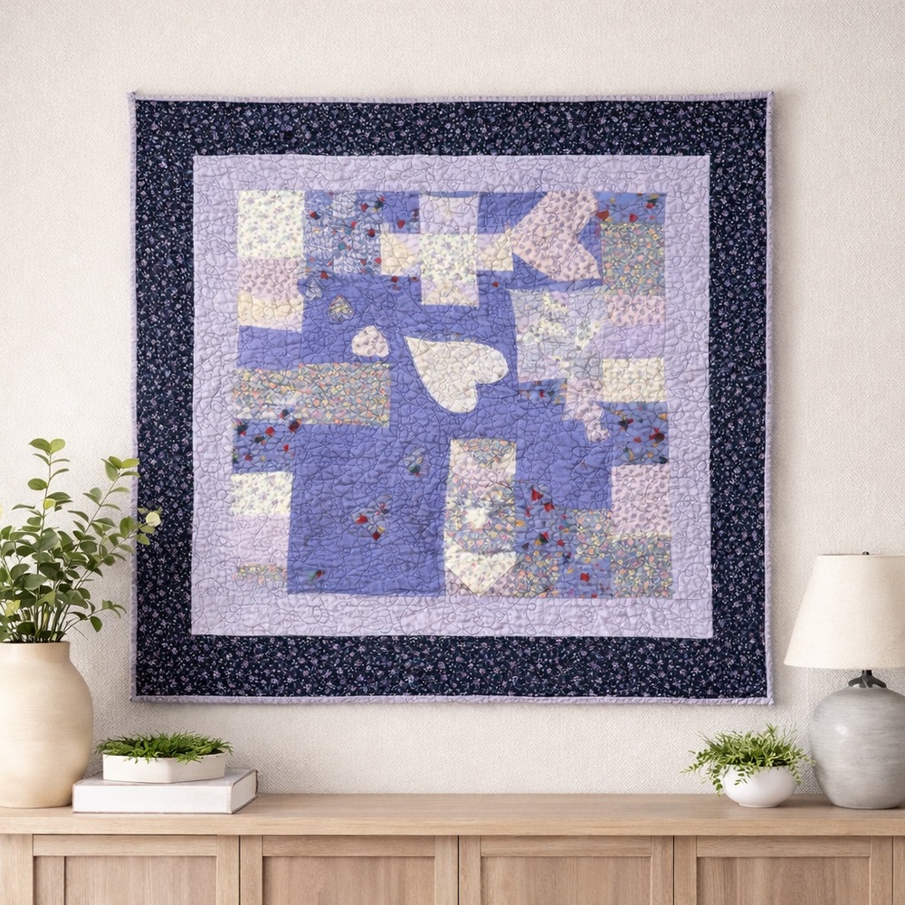 Handmade Patchwork Quilt Wall Hanging 36”x33” | Hearts Appliqué |  CA 2008